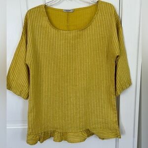 Lungo L'Arno 100% Linen Made in Italy Mustard Striped Ruffle Tunic Top L Boho